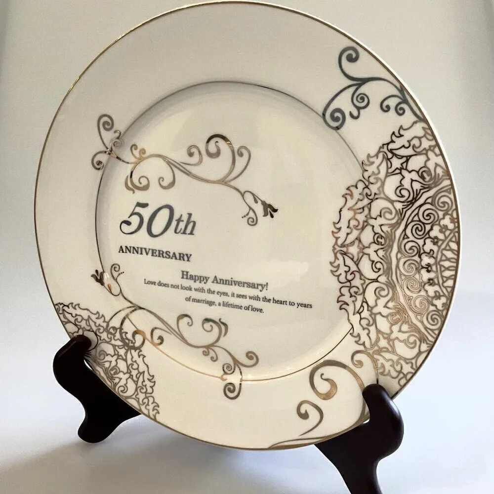 50TH ANNIVERSARY WEDDING PLATE, PORCELAIN GOLD PLATE WITH STAND 10 INCH
